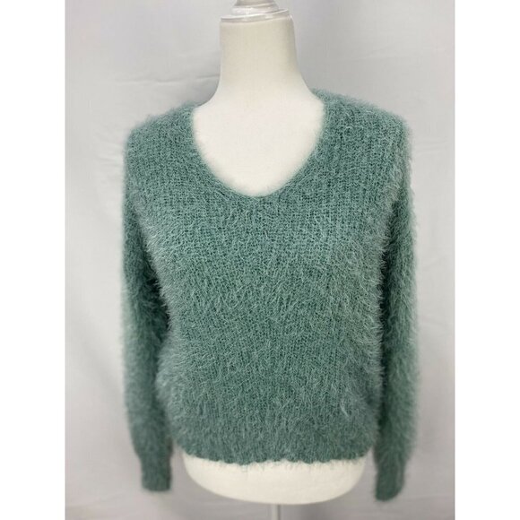 Freshman Juniors Women's Fuzzy V-Neck Sweater Gree - Picture 2 of 6